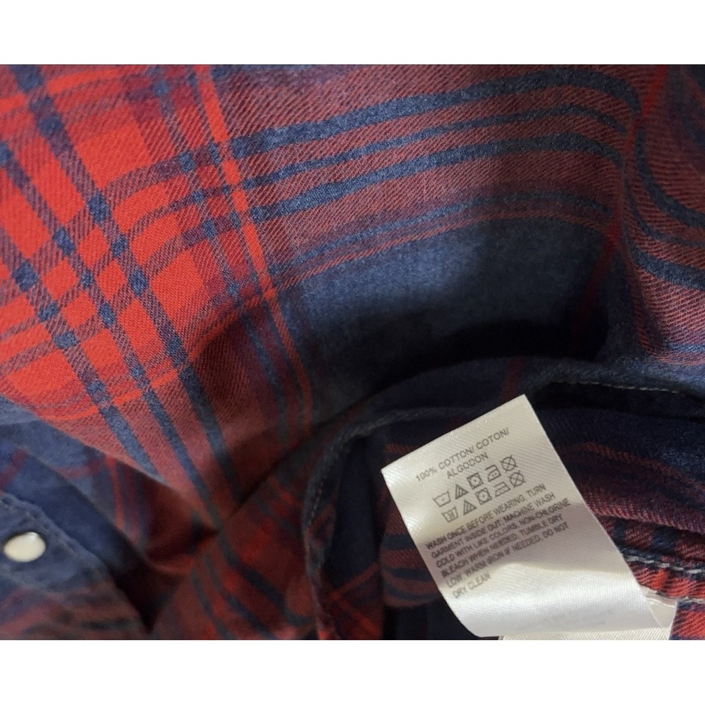 Lucky Brand Pearl Snap Denim Shirt Mens Sz M Blue Red Plaid Western Pockets - Picture 6 of 8